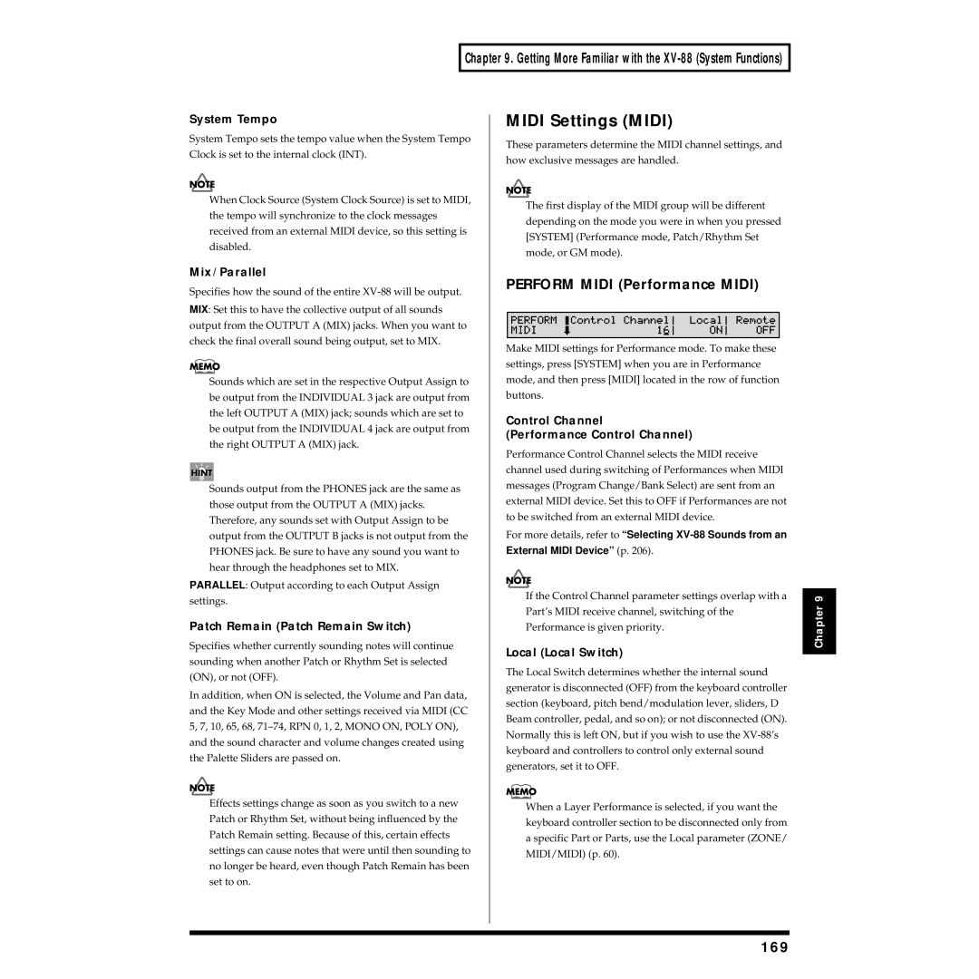 Roland XV-88 owner manual Midi Settings Midi, Perform Midi Performance Midi, 169 