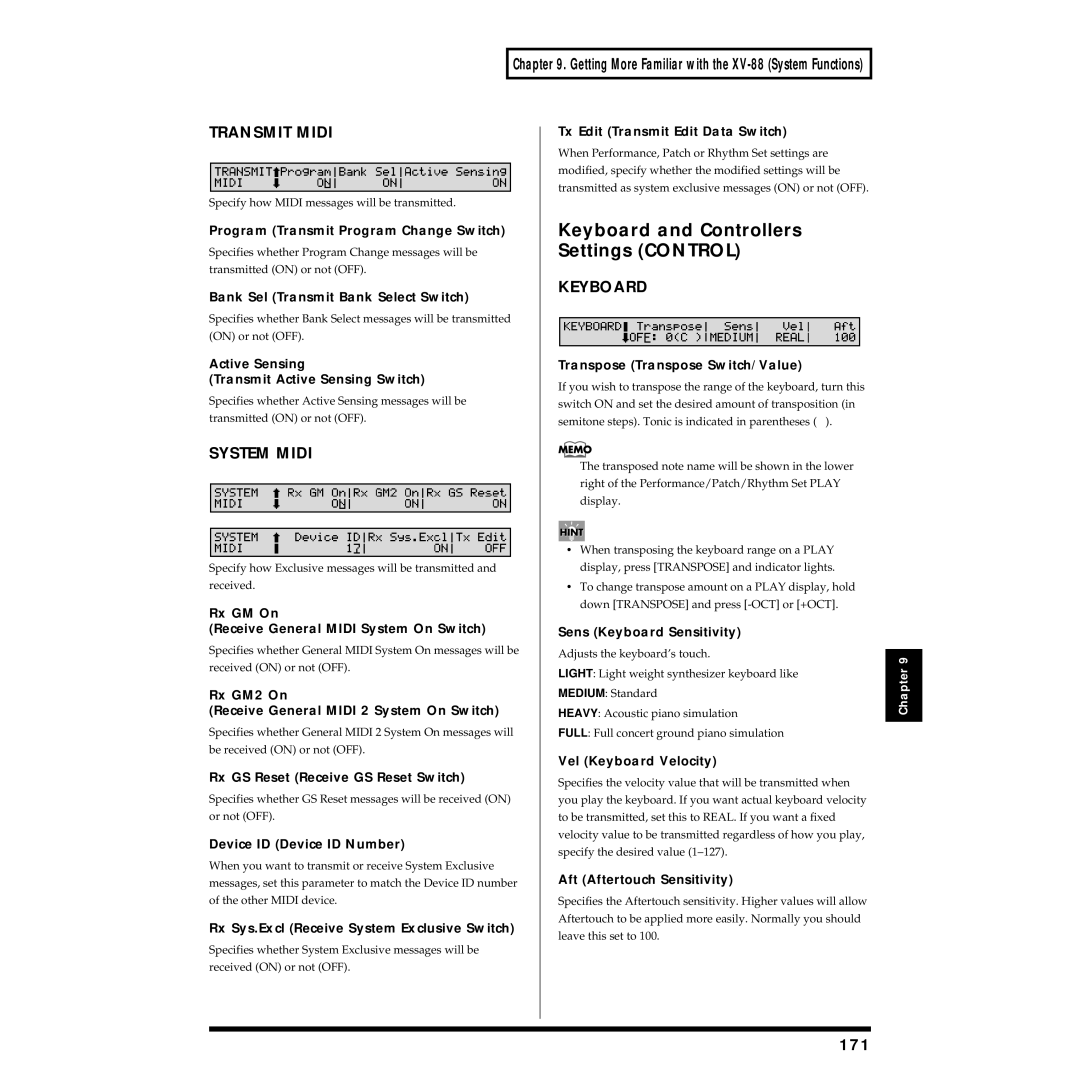 Roland XV-88 owner manual Keyboard and Controllers, Settings Control, Transmit Midi, System Midi 