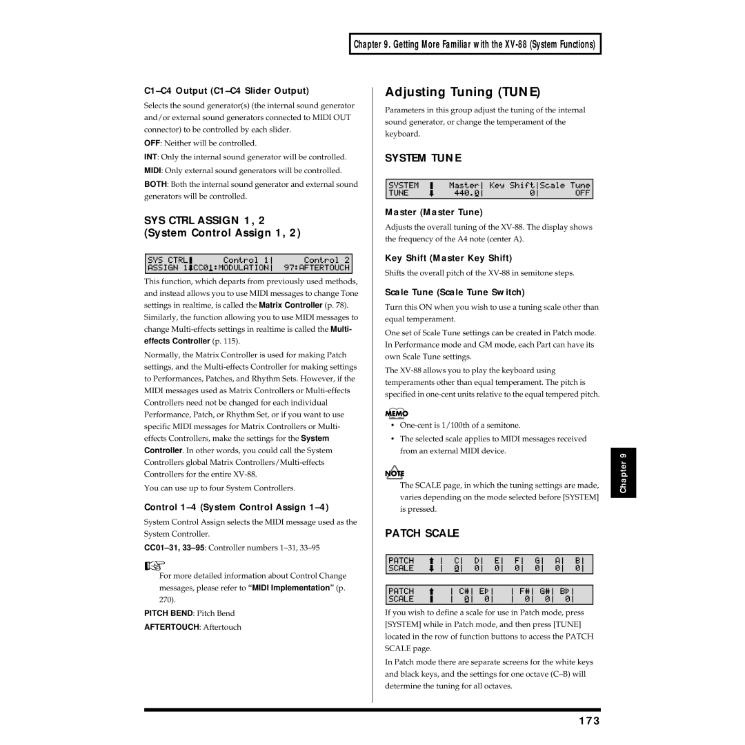 Roland XV-88 Adjusting Tuning Tune, SYS Ctrl Assign 1, 2 System Control Assign 1, System Tune, Patch Scale, 173 