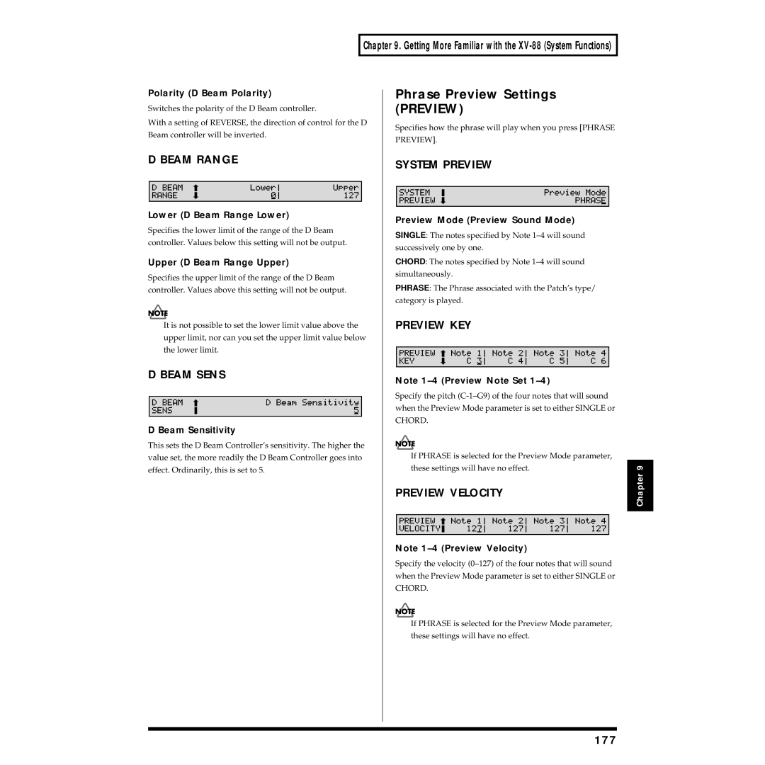 Roland XV-88 owner manual Phrase Preview Settings Preview, System Preview, Preview KEY, Preview Velocity, 177 