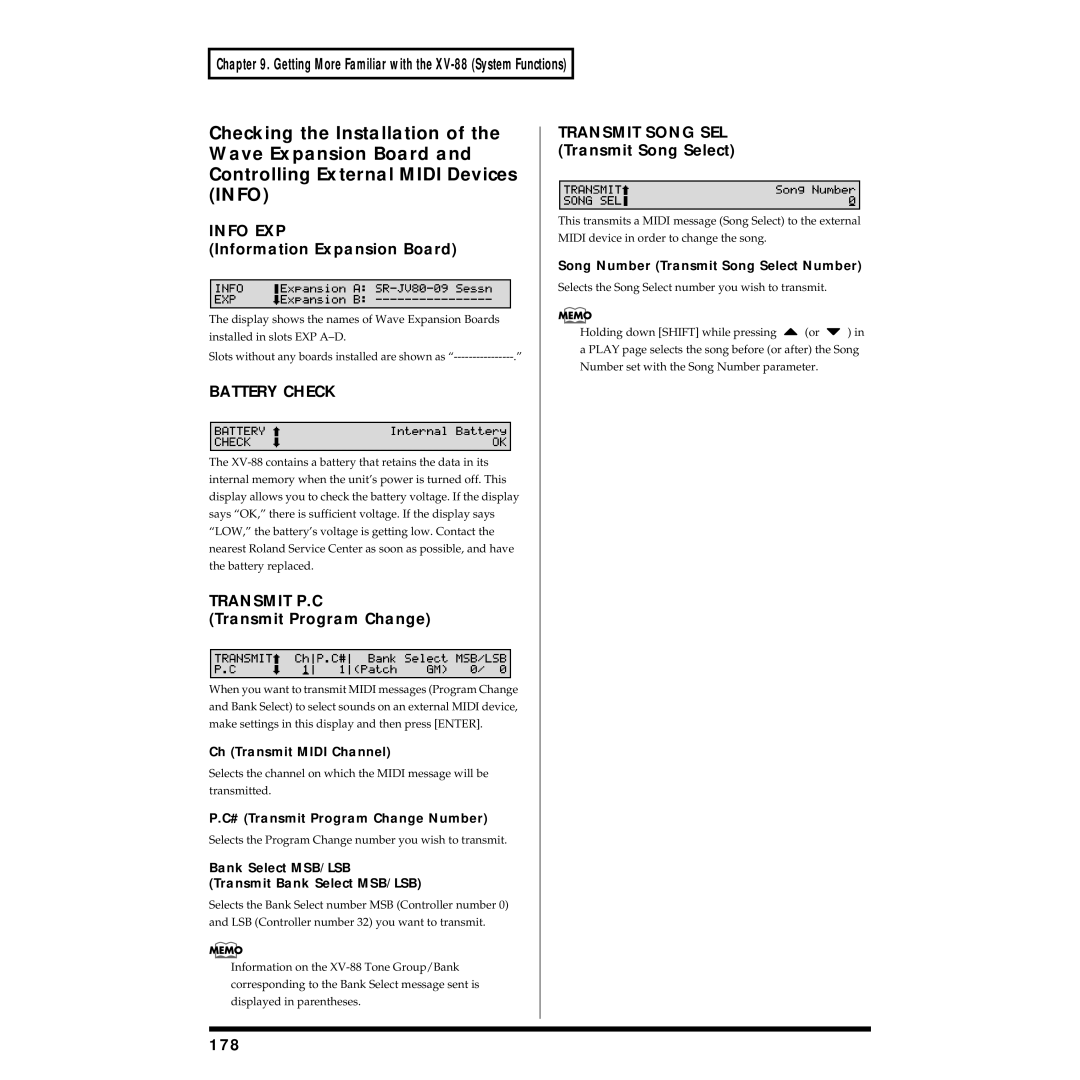 Roland XV-88 owner manual Info EXP, Battery Check, Transmit P.C 