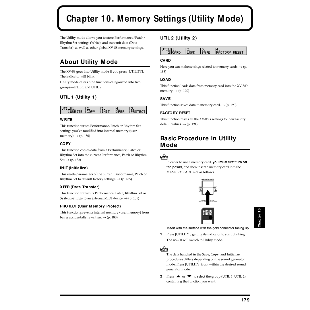 Roland XV-88 owner manual Memory Settings Utility Mode, About Utility Mode, Basic Procedure in Utility Mode 