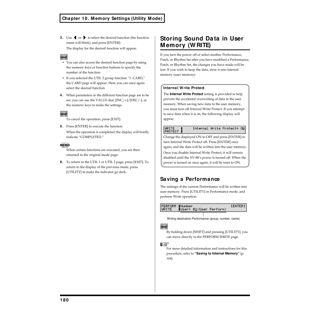 Roland XV-88 owner manual Storing Sound Data in User Memory Write, Saving a Performance, 180, Internal Write Protect 