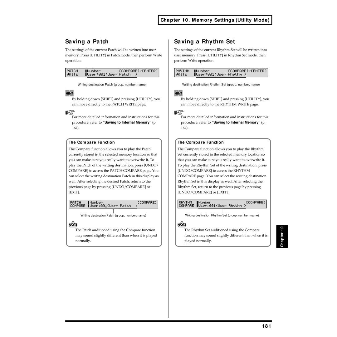 Roland XV-88 owner manual Saving a Patch, Saving a Rhythm Set, 181, Compare Function 