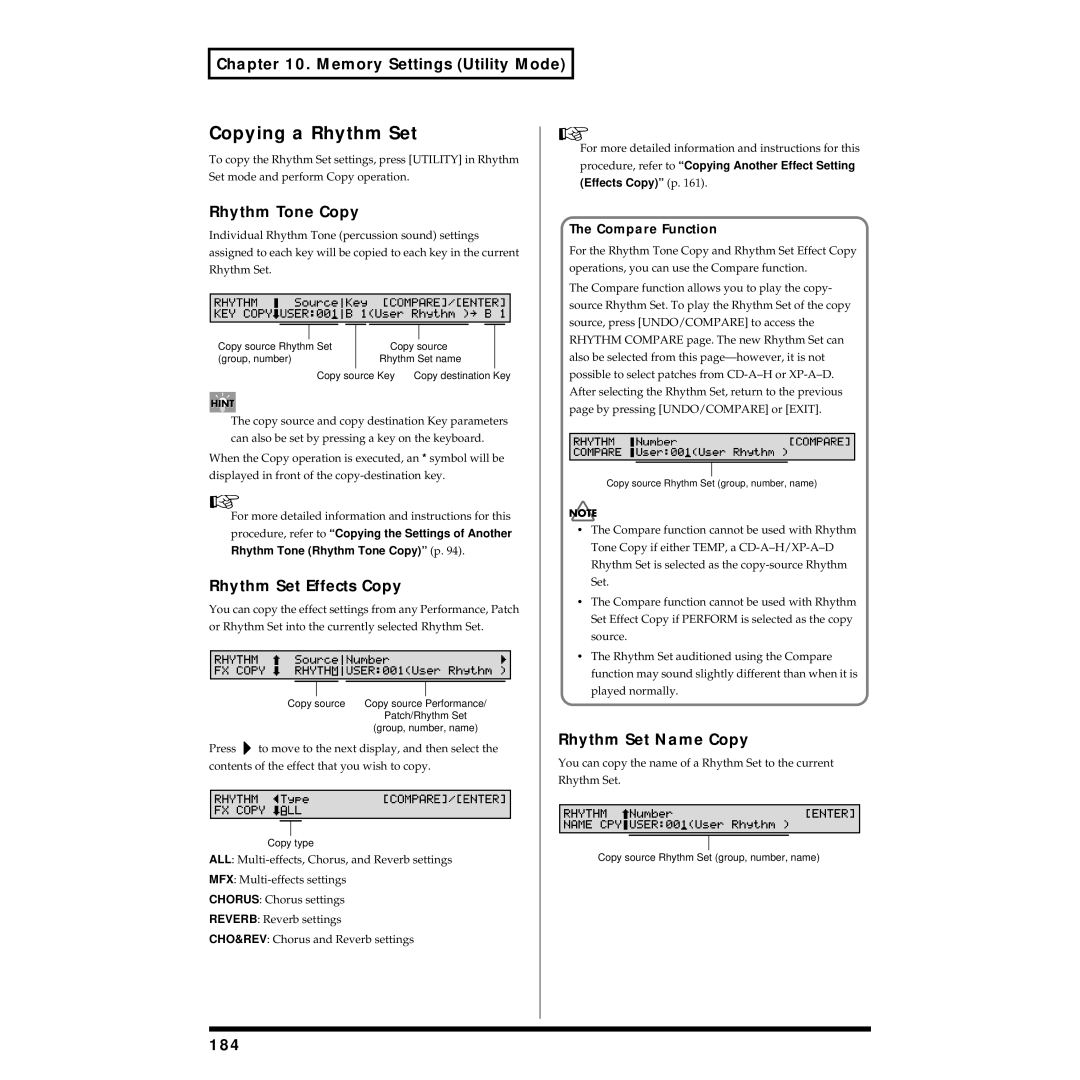 Roland XV-88 owner manual Copying a Rhythm Set, Rhythm Tone Copy, Rhythm Set Effects Copy, Rhythm Set Name Copy, 184 