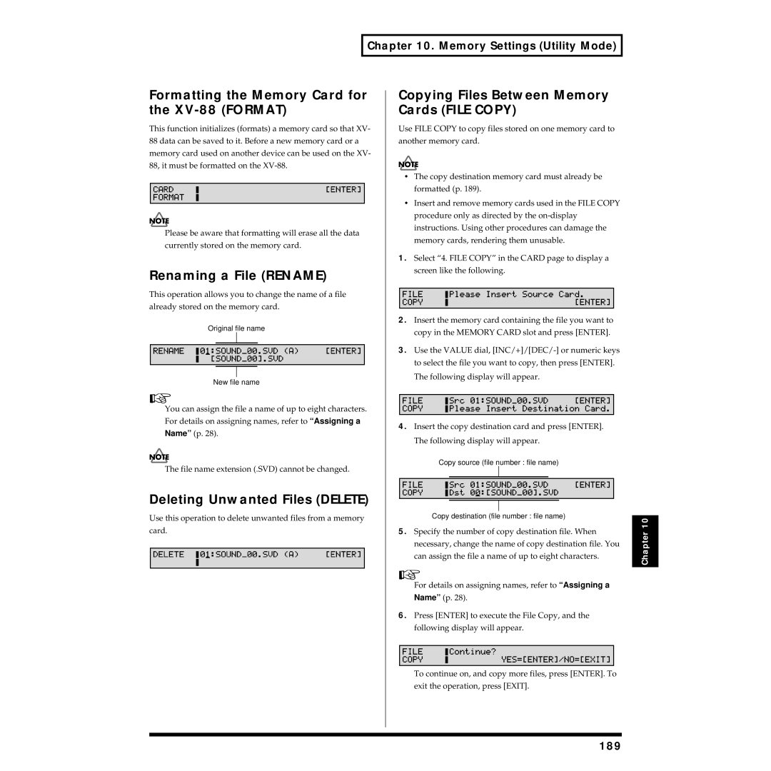 Roland Formatting the Memory Card for the XV-88 Format, Renaming a File Rename, Deleting Unwanted Files Delete, 189 