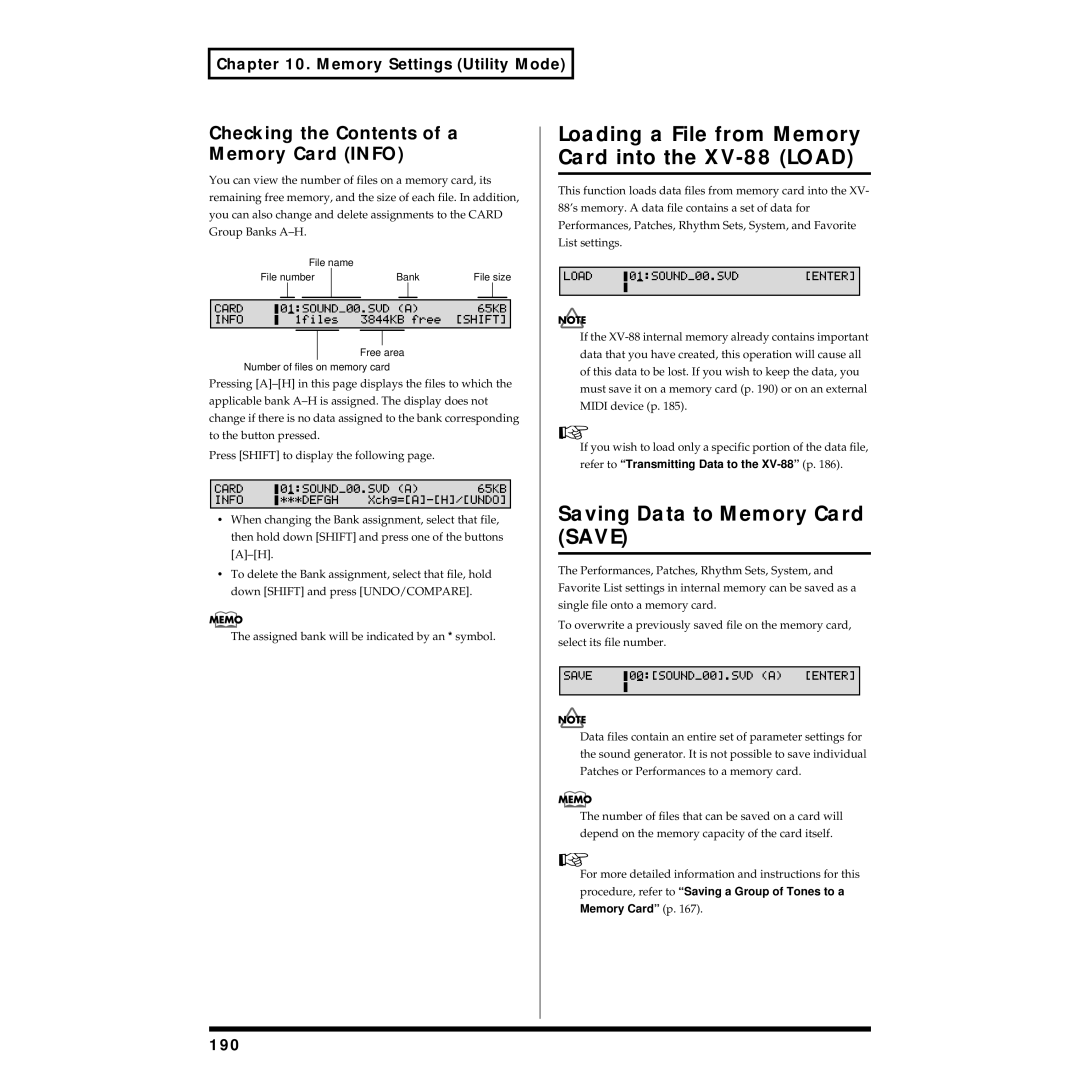 Roland owner manual Loading a File from Memory Card into the XV-88 Load, Saving Data to Memory Card Save 