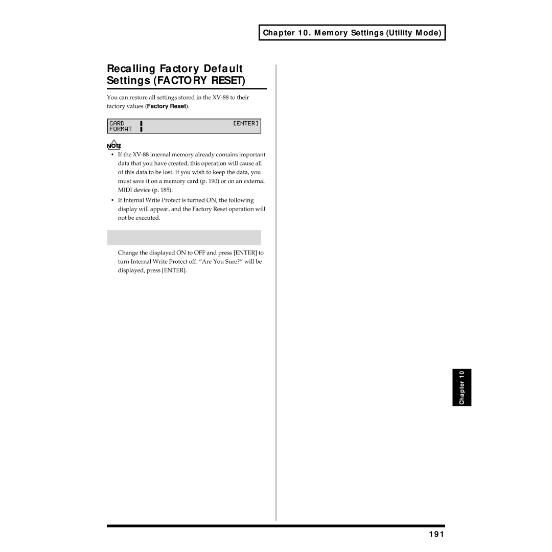 Roland XV-88 owner manual Recalling Factory Default Settings Factory Reset, 191 