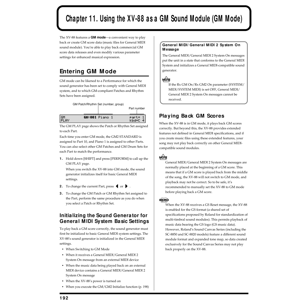 Roland XV-88 owner manual Entering GM Mode, Playing Back GM Scores, 192, General MIDI/General Midi 2 System On Message 