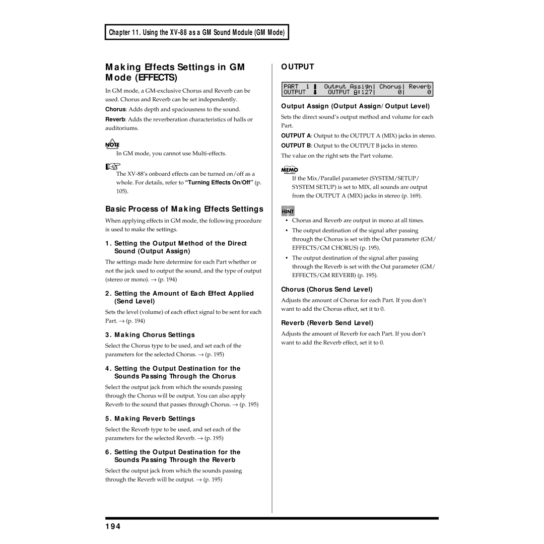 Roland XV-88 owner manual Making Effects Settings in GM Mode Effects, Output, 194 