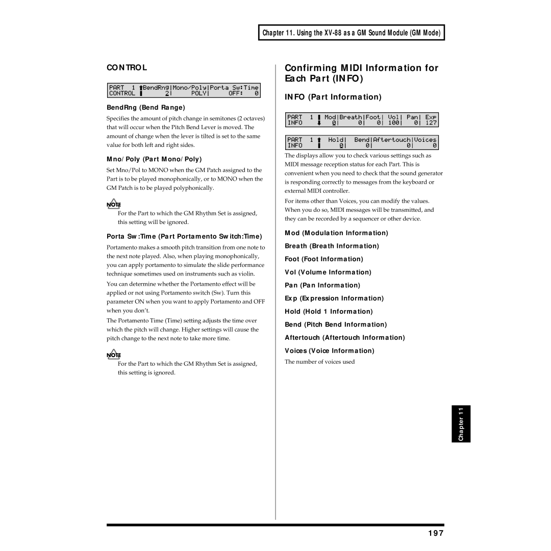 Roland XV-88 owner manual Confirming Midi Information for, Each Part Info, 197 