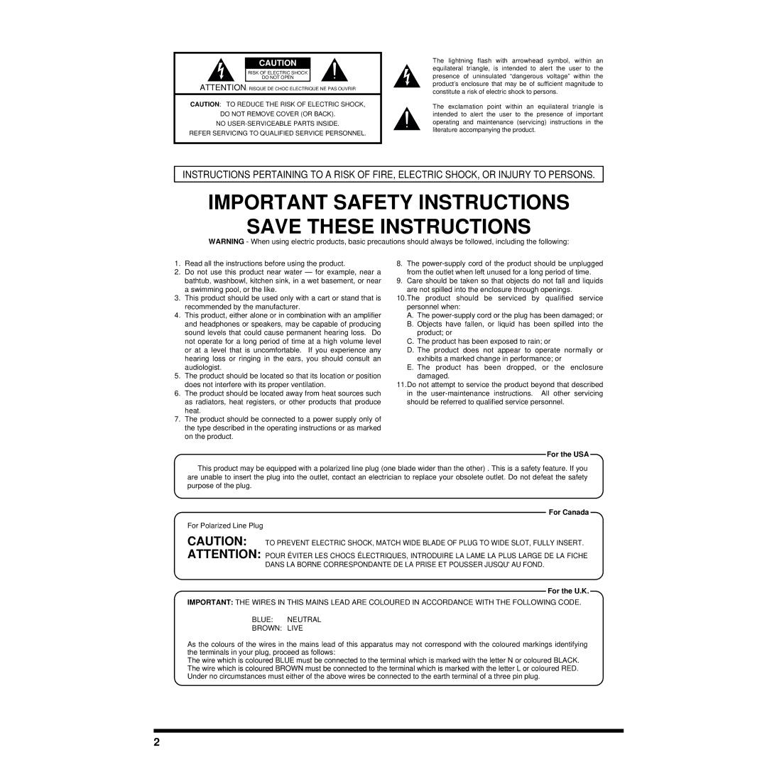 Roland XV-88 owner manual Important Safety Instructions 