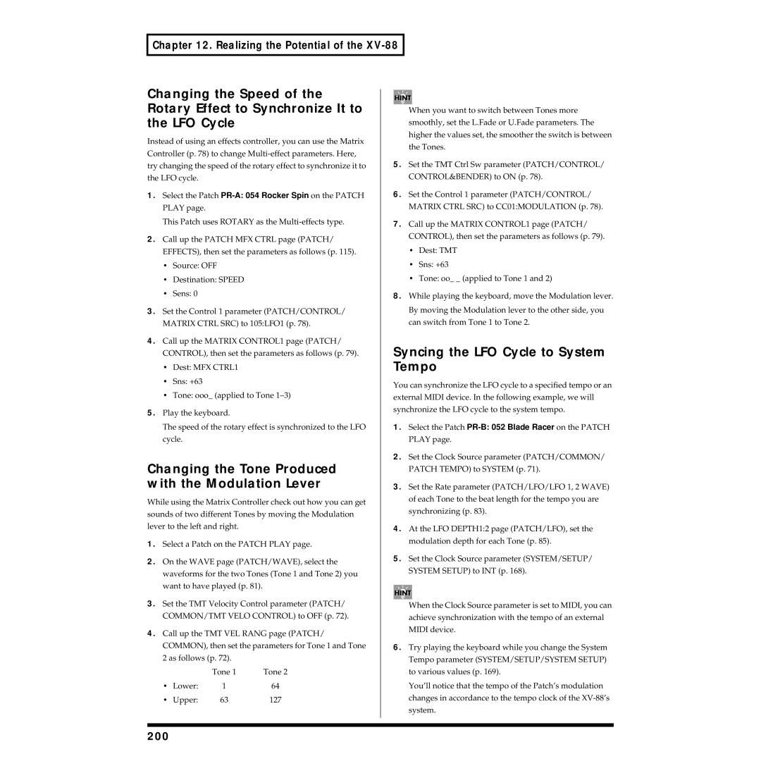 Roland XV-88 owner manual Changing the Tone Produced with the Modulation Lever, Syncing the LFO Cycle to System Tempo, 200 