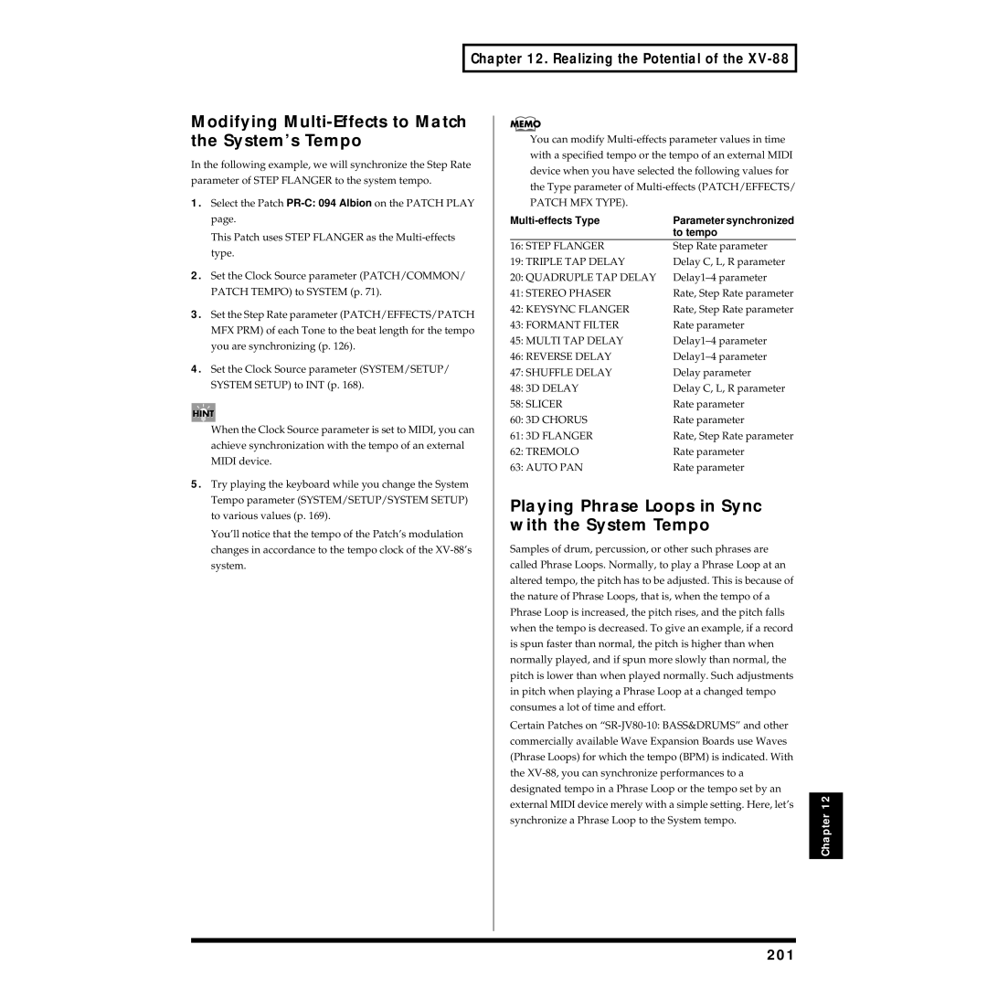 Roland XV-88 Modifying Multi-Effects to Match the System’s Tempo, Playing Phrase Loops in Sync with the System Tempo, 201 