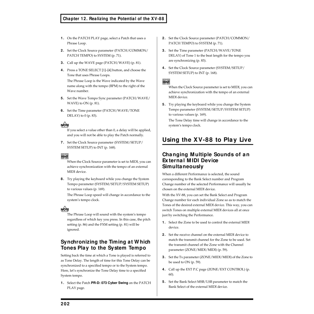 Roland owner manual Using the XV-88 to Play Live, 202 