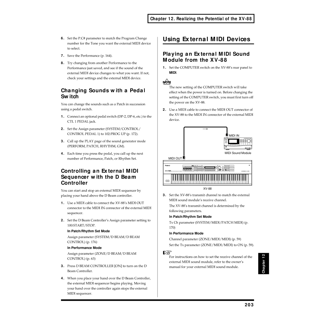 Roland XV-88 Using External Midi Devices, Changing Sounds with a Pedal Switch, Playing an External Midi Sound Module from 