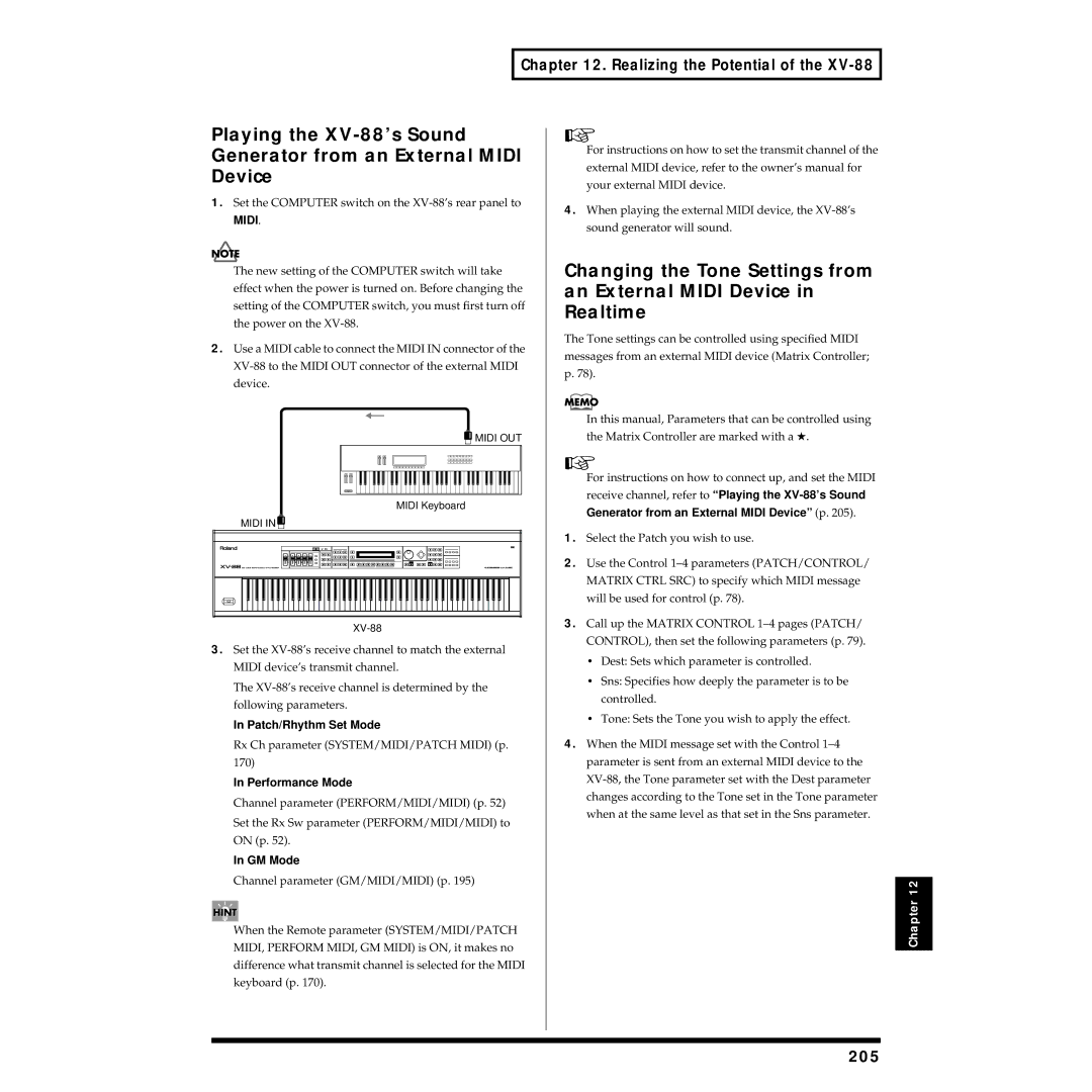 Roland XV-88 owner manual 205, GM Mode, Generator from an External Midi Device p 