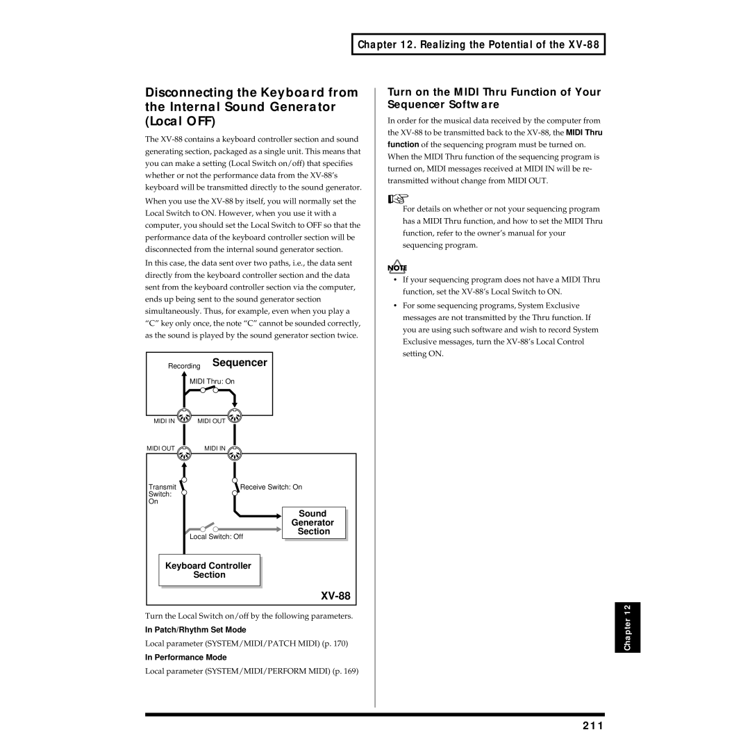 Roland XV-88 owner manual Turn on the Midi Thru Function of Your Sequencer Software, 211 