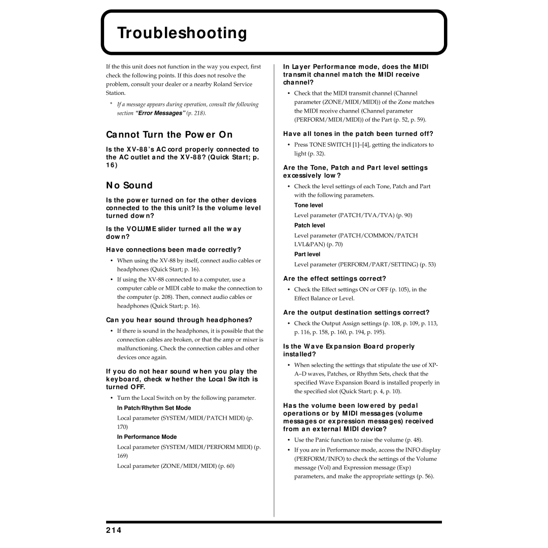 Roland XV-88 owner manual Troubleshooting, Cannot Turn the Power On, No Sound, 214 