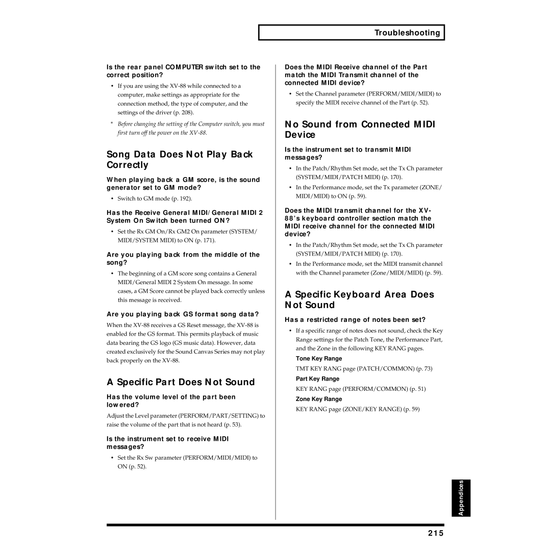 Roland XV-88 Song Data Does Not Play Back Correctly, Specific Part Does Not Sound, No Sound from Connected Midi Device 
