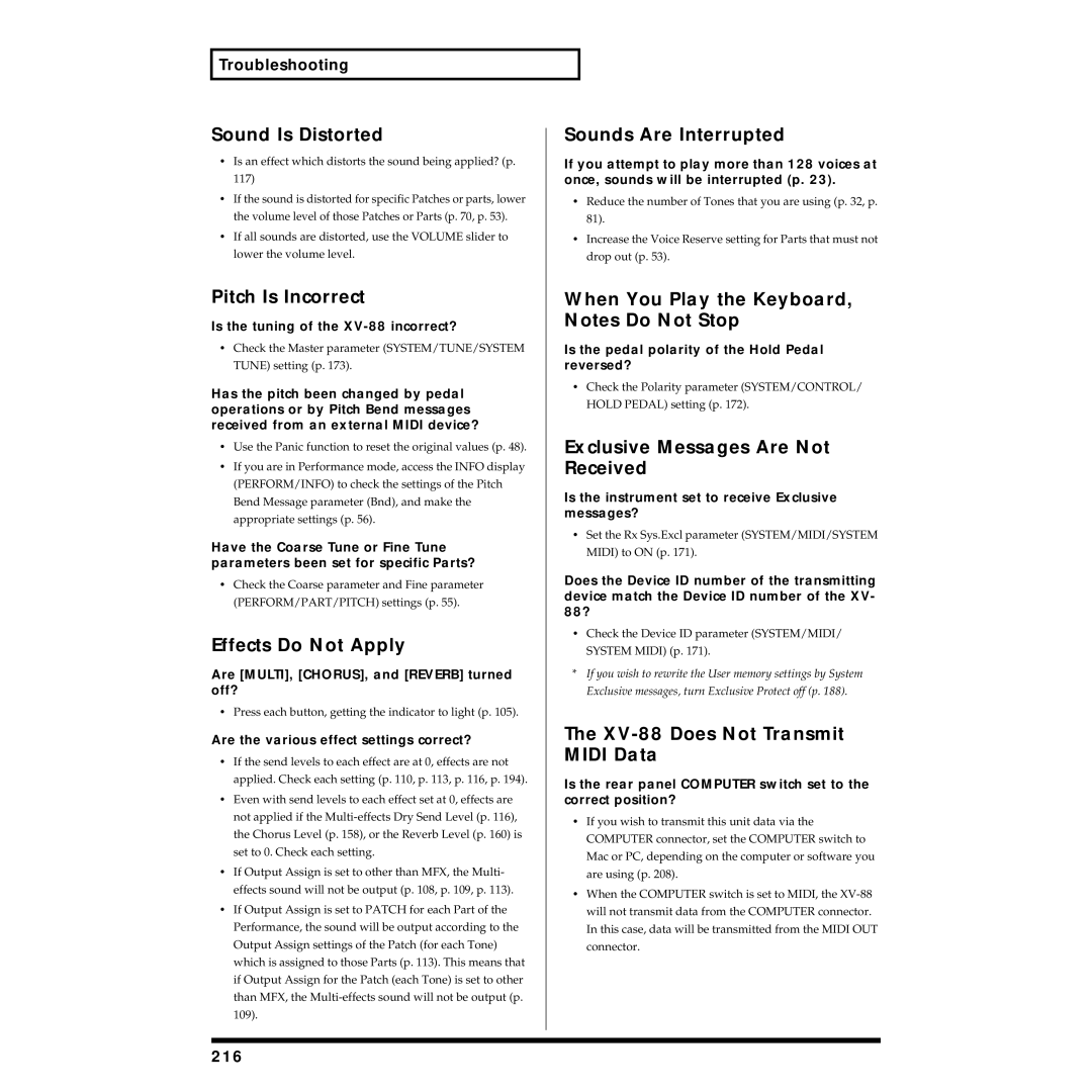 Roland XV-88 owner manual Sound Is Distorted, Pitch Is Incorrect, Effects Do Not Apply, Sounds Are Interrupted 