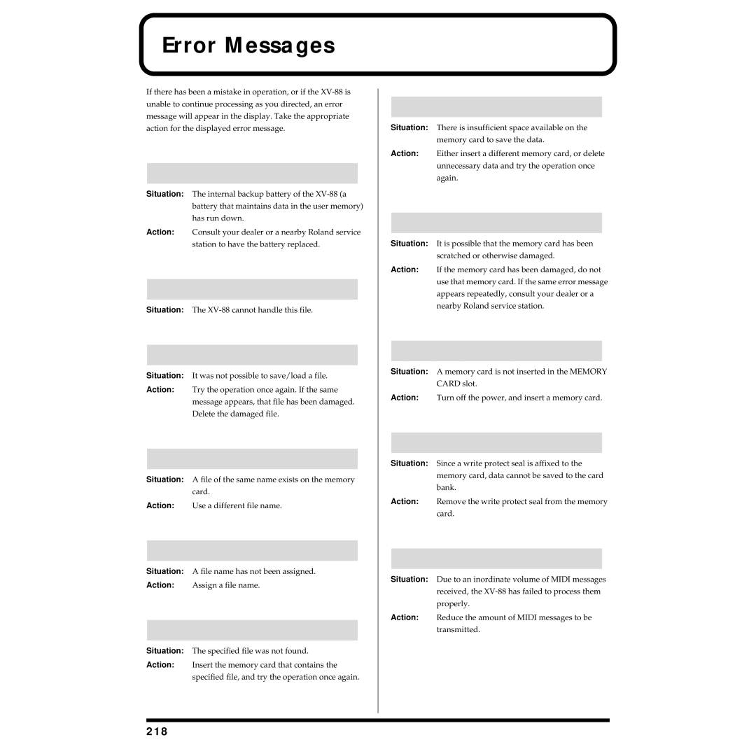 Roland XV-88 owner manual Error Messages, 218 