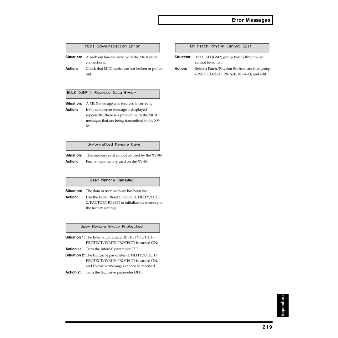 Roland XV-88 owner manual Error Messages, 219 