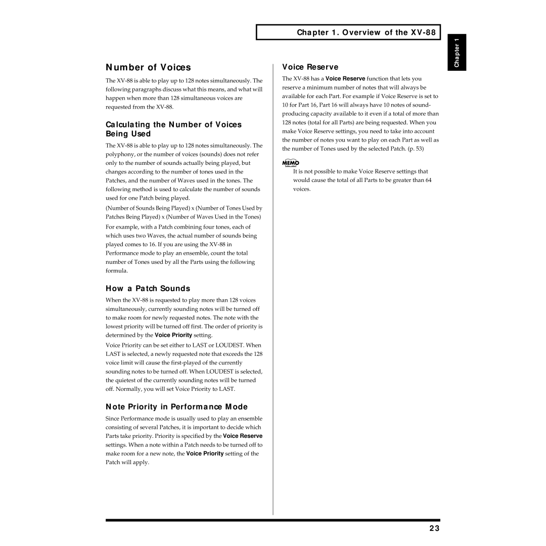 Roland XV-88 owner manual Calculating the Number of Voices Being Used, How a Patch Sounds, Overview Voice Reserve 