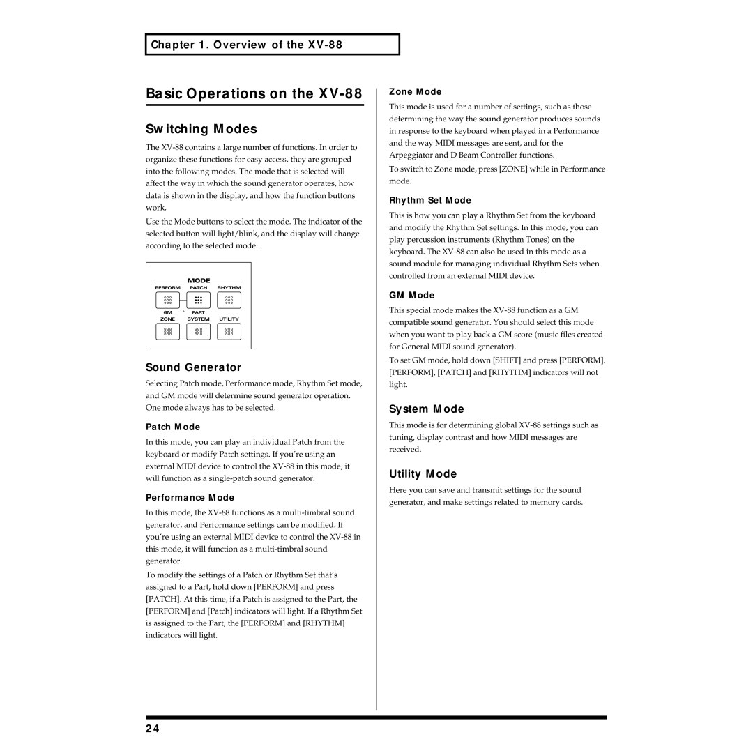 Roland XV-88 owner manual Basic Operations on, Switching Modes, Sound Generator, System Mode, Utility Mode 