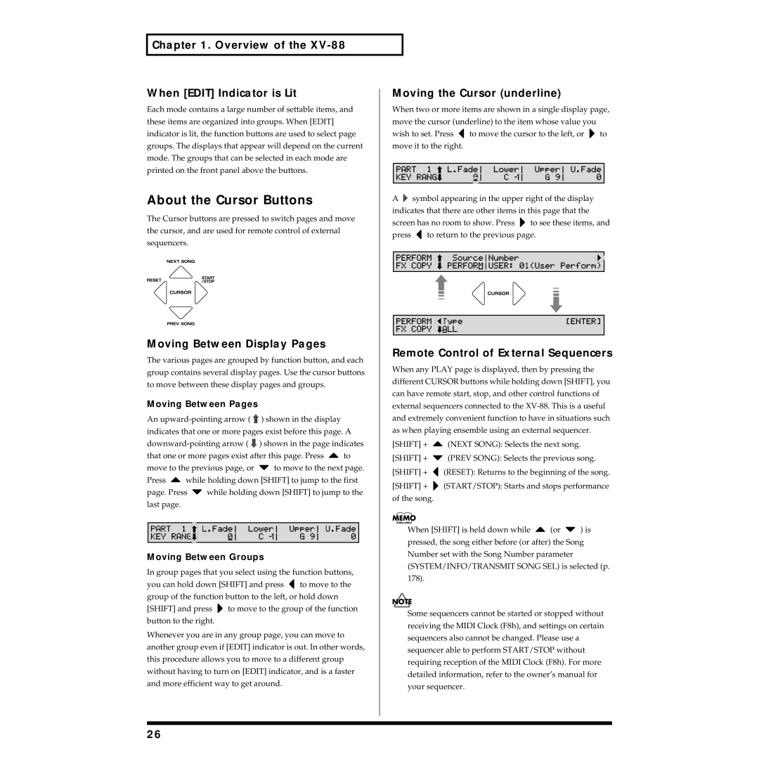 Roland XV-88 owner manual About the Cursor Buttons, Overview When Edit Indicator is Lit, Moving Between Display Pages 