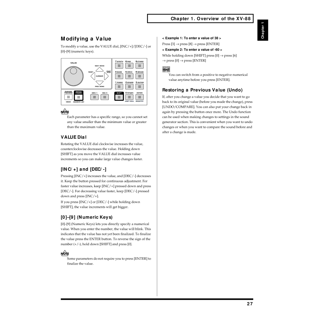 Roland XV-88 owner manual Modifying a Value, Value Dial, INC/+ and DEC, Numeric Keys, Restoring a Previous Value Undo 