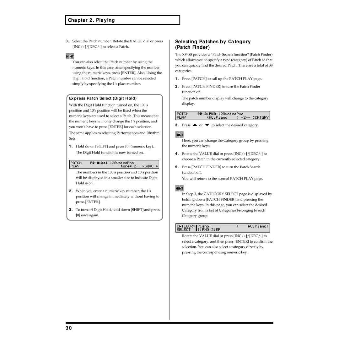 Roland XV-88 owner manual Selecting Patches by Category Patch Finder, Express Patch Select Digit Hold 