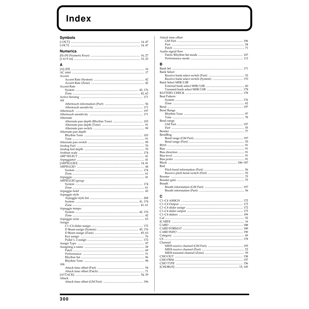 Roland XV-88 owner manual Index, 300 