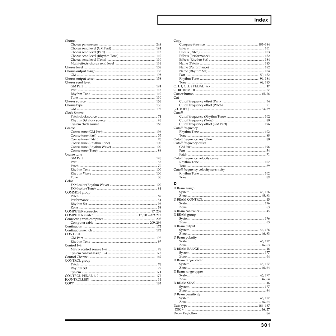 Roland XV-88 owner manual Index, 301 