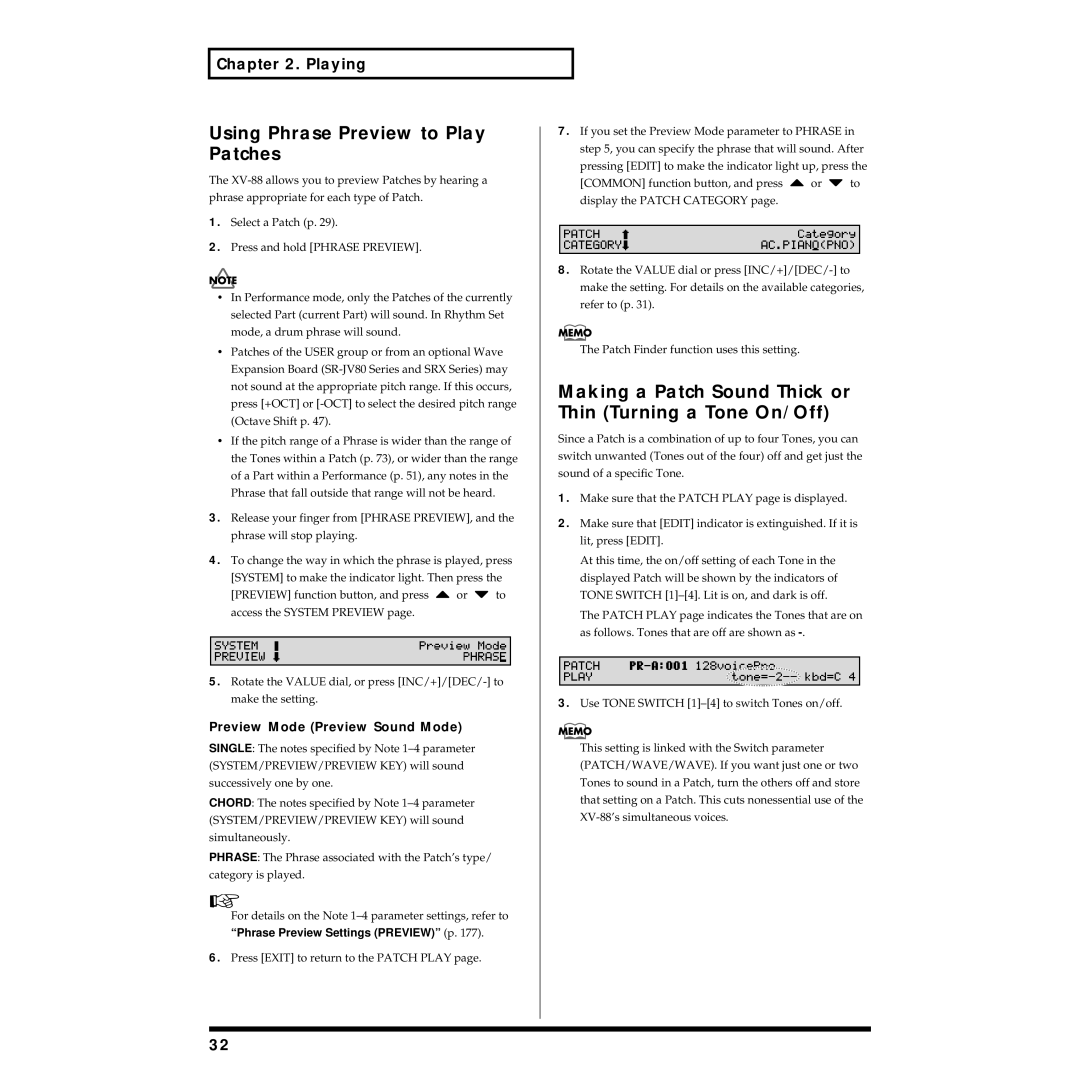 Roland XV-88 owner manual Using Phrase Preview to Play Patches, Making a Patch Sound Thick or Thin Turning a Tone On/Off 