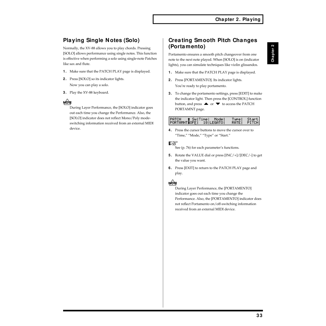 Roland XV-88 owner manual Playing Single Notes Solo, Creating Smooth Pitch Changes Portamento 