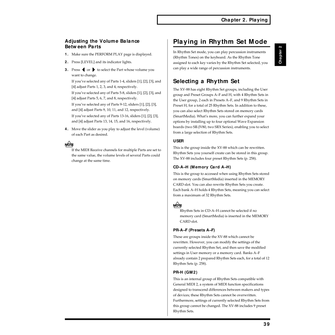 Roland XV-88 owner manual Playing in Rhythm Set Mode, Selecting a Rhythm Set, Adjusting the Volume Balance Between Parts 