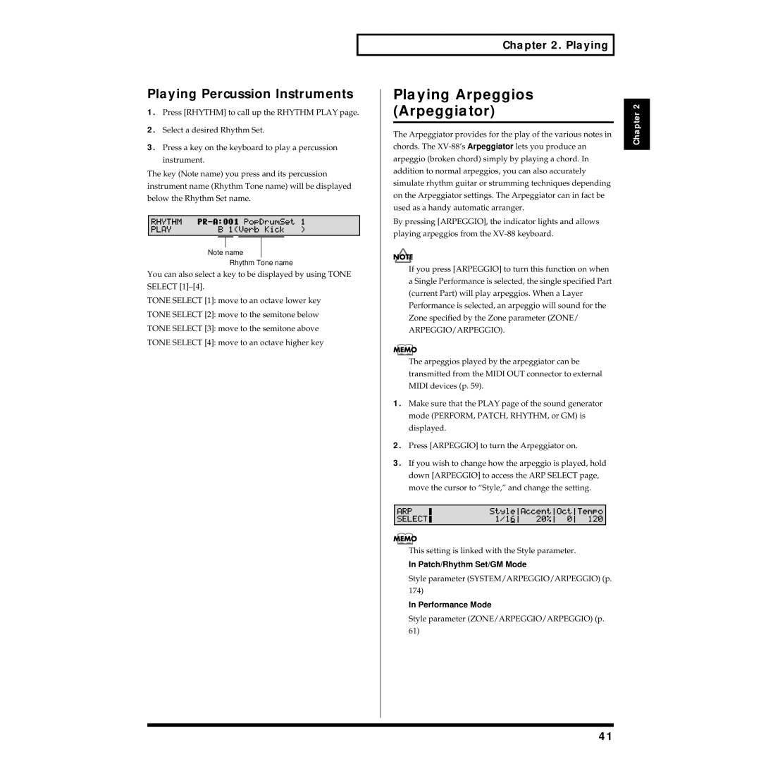 Roland XV-88 Playing Arpeggios Arpeggiator, Playing Percussion Instruments, Patch/Rhythm Set/GM Mode, Performance Mode 