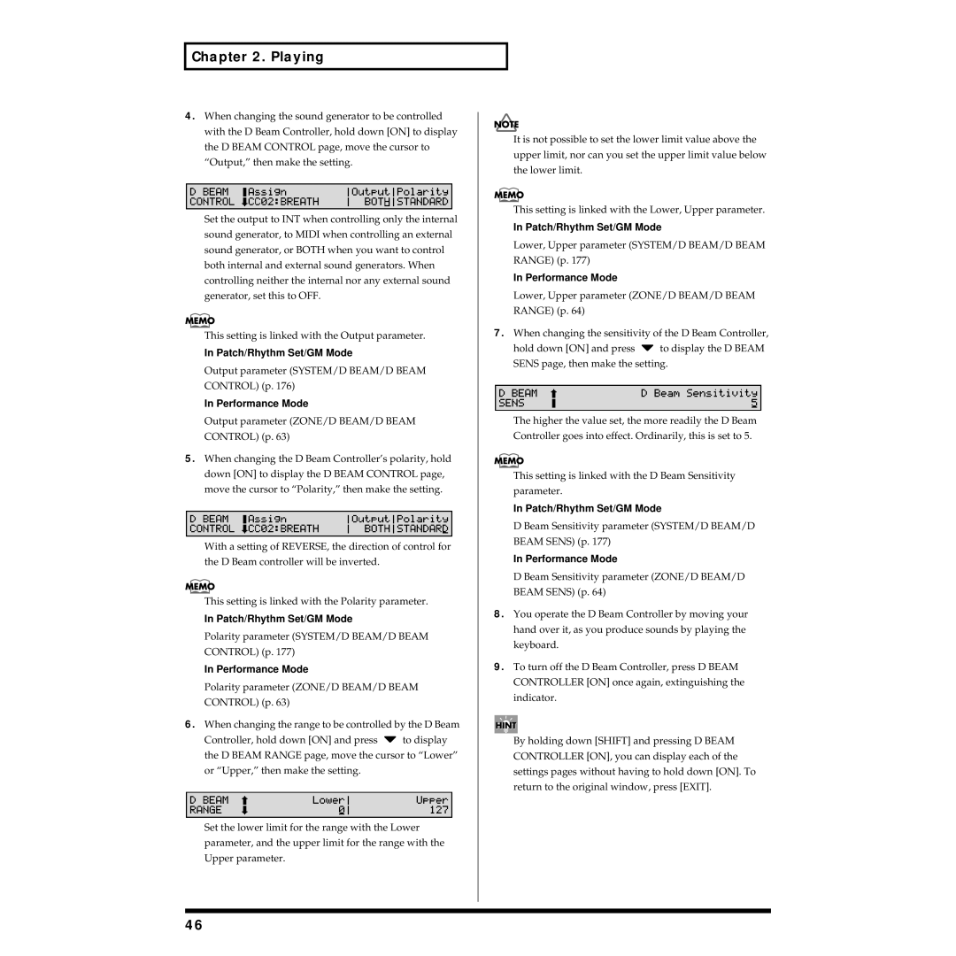 Roland XV-88 owner manual Output parameter SYSTEM/D BEAM/D Beam Control p 
