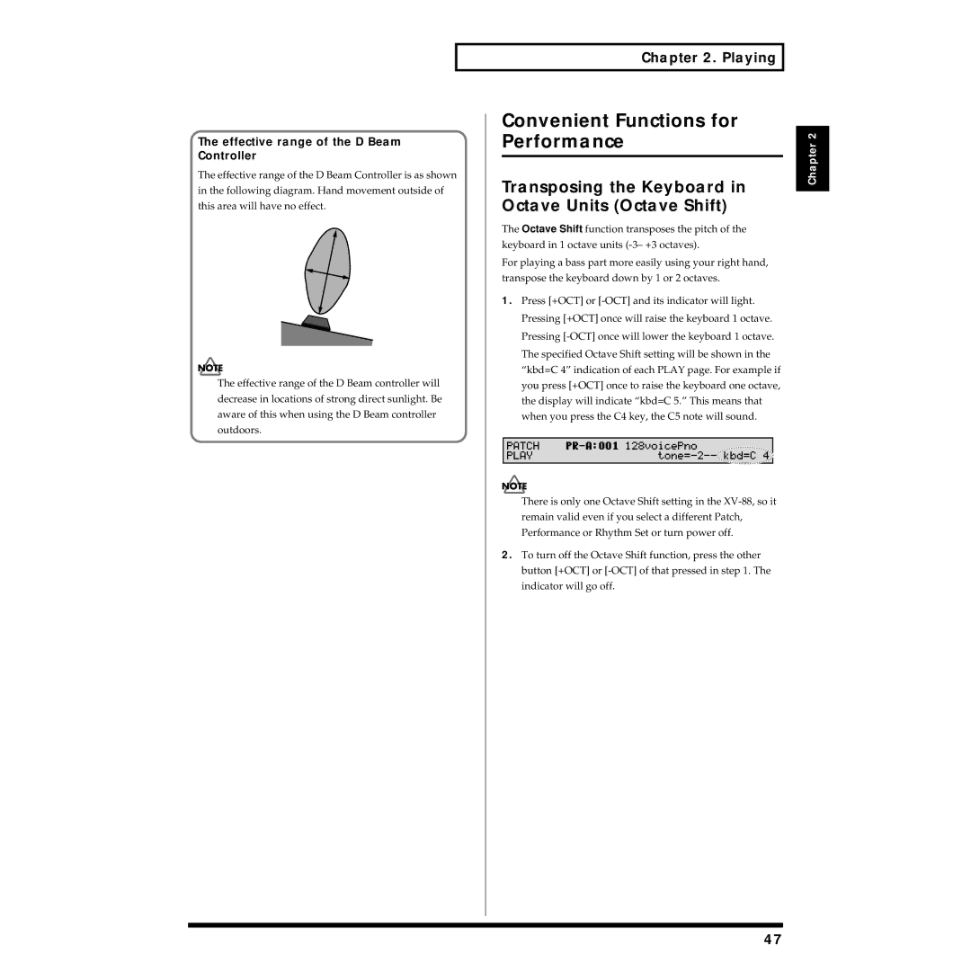 Roland XV-88 owner manual Convenient Functions for Performance, Transposing the Keyboard in Octave Units Octave Shift 