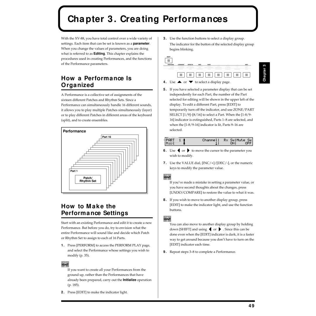 Roland XV-88 owner manual Creating Performances, How a Performance Is Organized, How to Make Performance Settings 