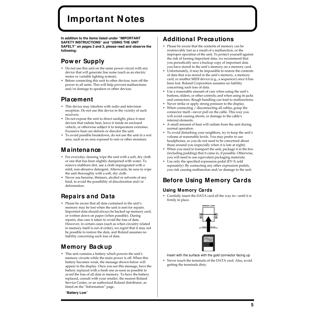 Roland XV-88 owner manual Important Notes 