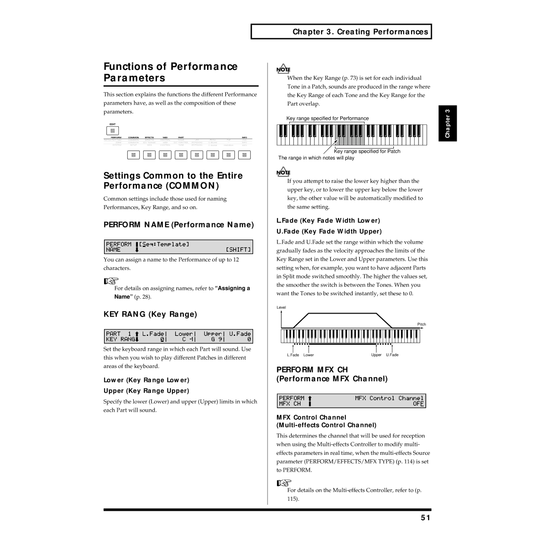 Roland XV-88 Functions of Performance Parameters, Settings Common to the Entire Performance Common, KEY Rang Key Range 