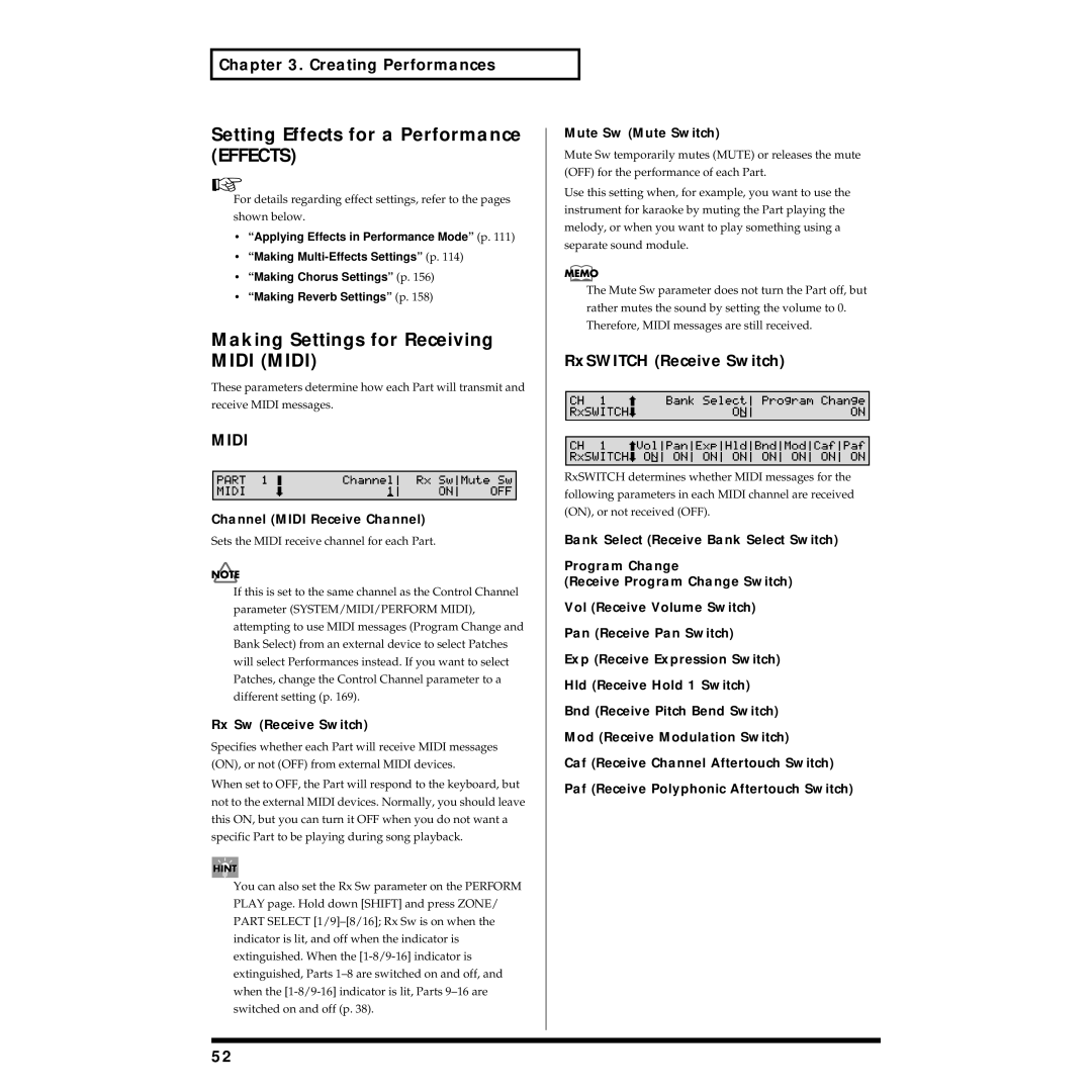 Roland XV-88 Setting Effects for a Performance Effects, Making Settings for Receiving Midi Midi, RxSWITCH Receive Switch 