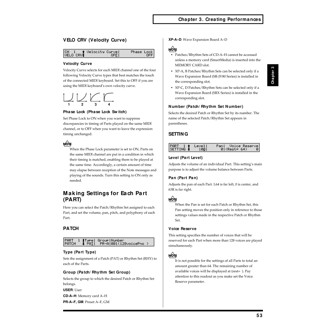 Roland XV-88 owner manual Making Settings for Each Part Part, Velo CRV Velocity Curve, Patch 