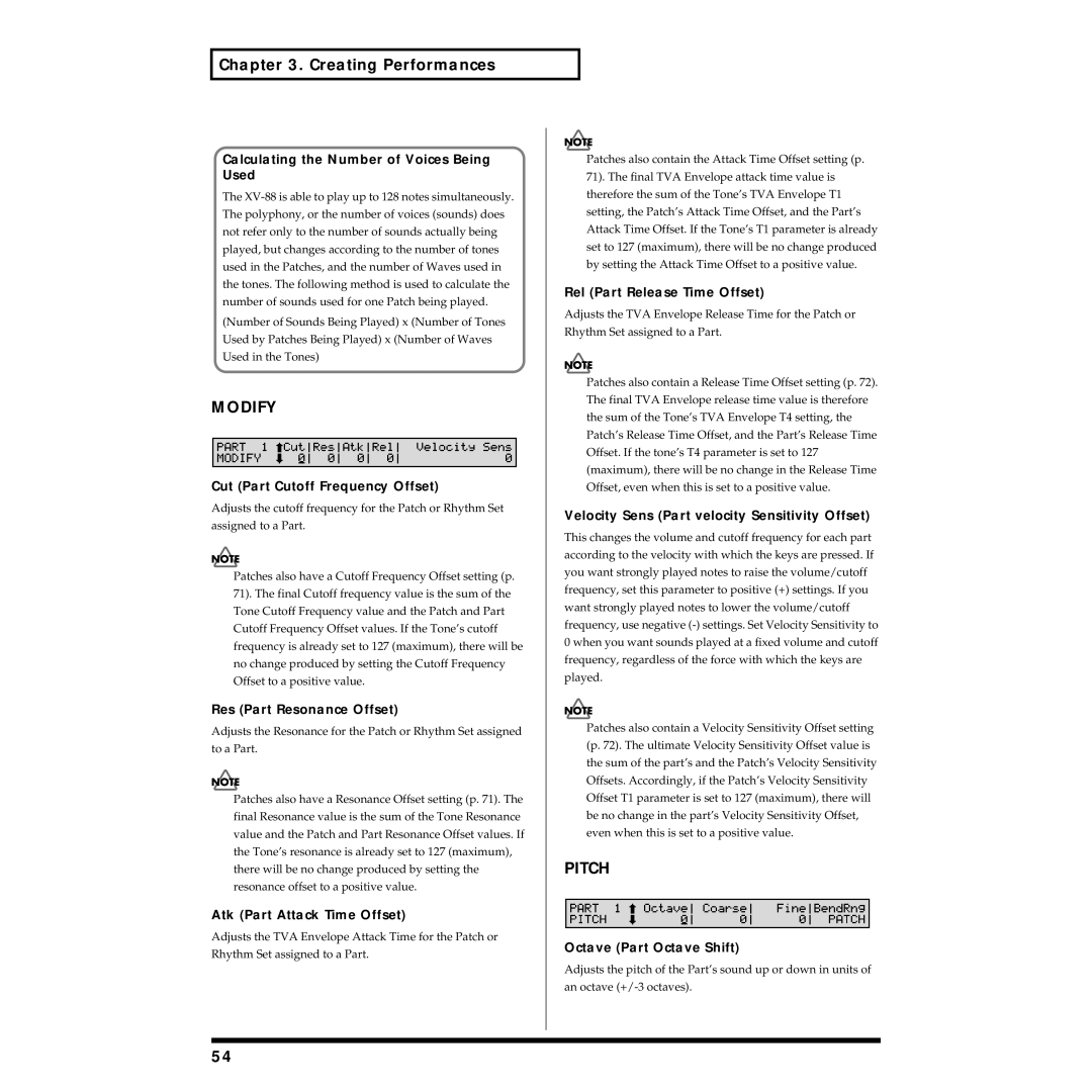 Roland XV-88 owner manual Modify, Pitch 