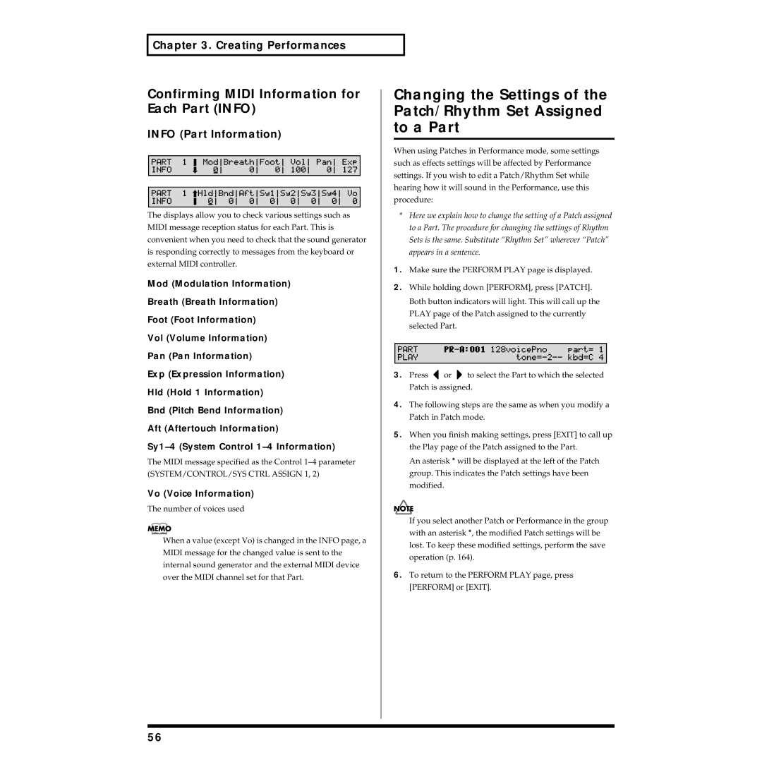 Roland XV-88 owner manual Confirming Midi Information for Each Part Info, Info Part Information, Vo Voice Information 