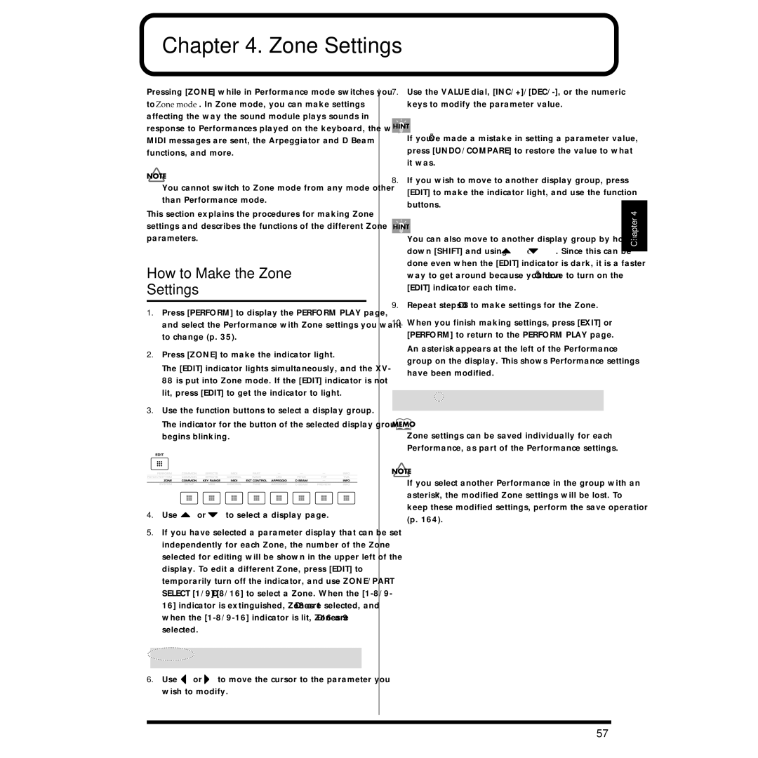 Roland XV-88 owner manual How to Make the Zone Settings 