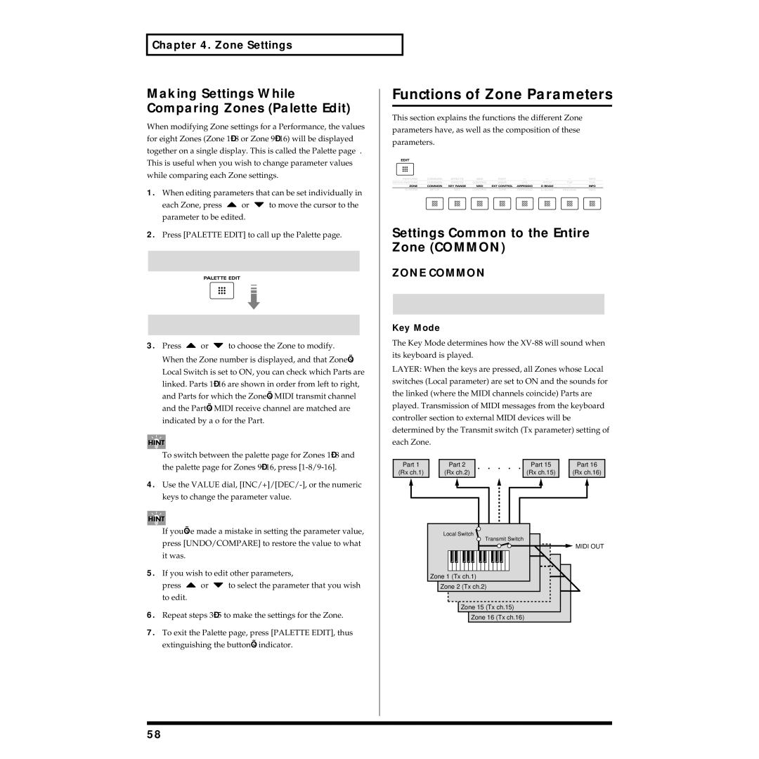 Roland XV-88 Functions of Zone Parameters, Making Settings While Comparing Zones Palette Edit, Zone Common, Key Mode 