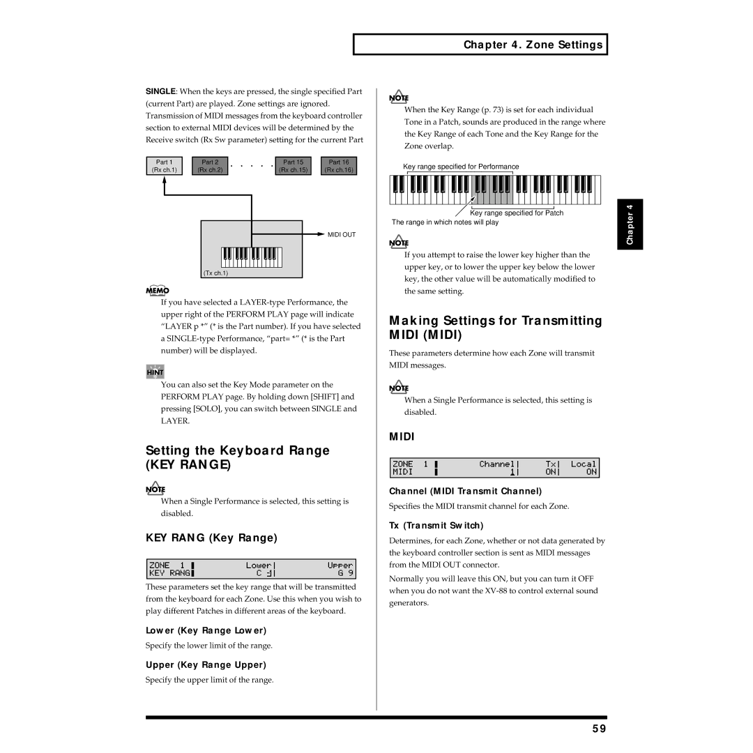 Roland XV-88 Setting the Keyboard Range KEY Range, Making Settings for Transmitting Midi Midi, Lower Key Range Lower 